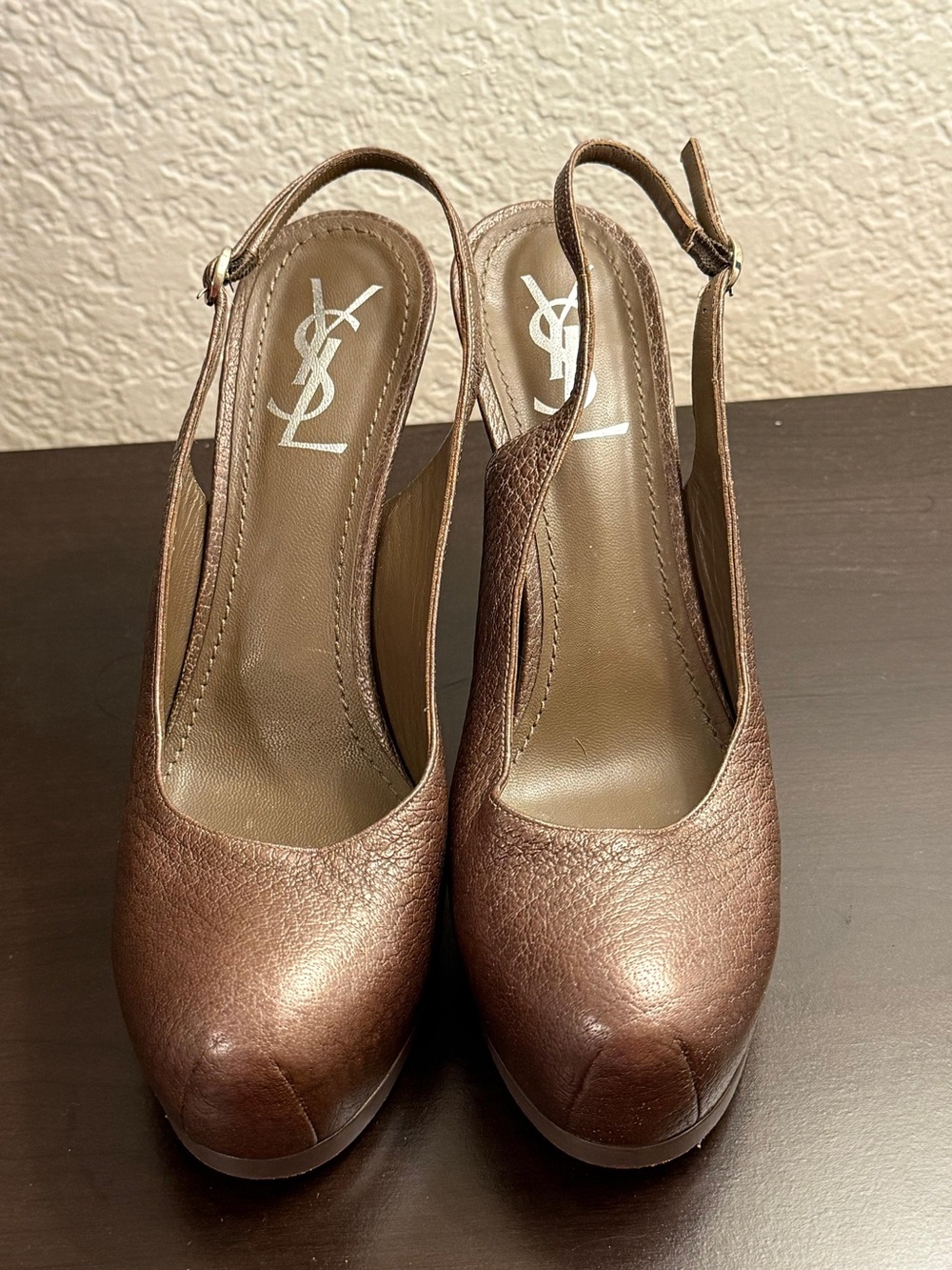 YSL Yves Saint Laurent Leather Slingback Platform Pumps High Heel Sz 39.5 US 9.5